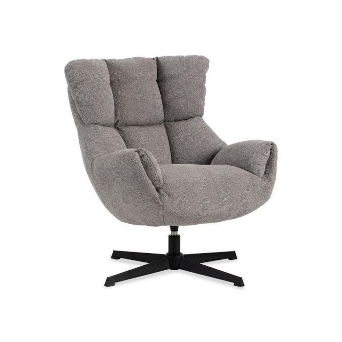 Draaifauteuil Ordini in grijze gemêleerde stof met zwarte metalen draaipoot, schuin vooraanzicht.