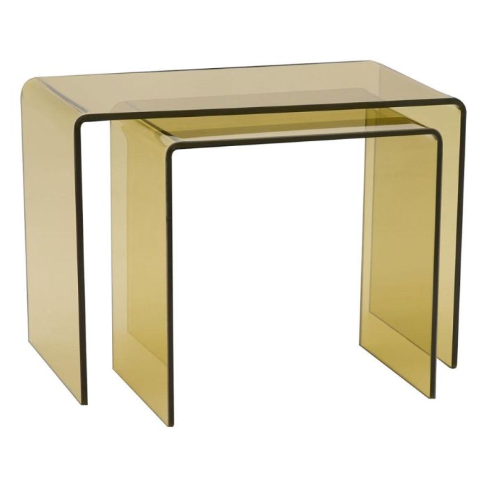Trendhopper salontafelset Noxa by Jill, bestaande uit twee goudkleurige plexiglazen tafels met afgeronde vormen.