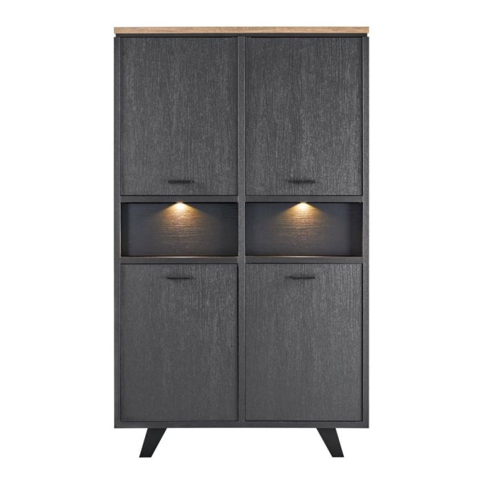 Opbergkast Troia in zwart melamine met houtstructuur, LED-verlichting en lichthouten bovenblad, vooraanzicht.