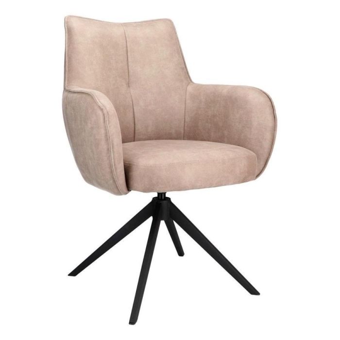 Pronto Wonen eetkamerstoel Dordona in beigegrijs microleder met zwarte metalen draaivoet, vooraanzicht.