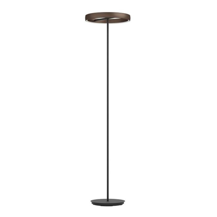Eglo Trabeco vloerlamp LED met zwarte voet en steel en bronzen ringvormige lichtkop, uitgeschakeld.