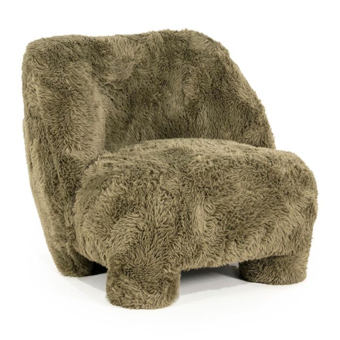 Eleonora fauteuil Samson groen in teddybekleding, driekwartaanzicht met ronde vormen en lage poten.