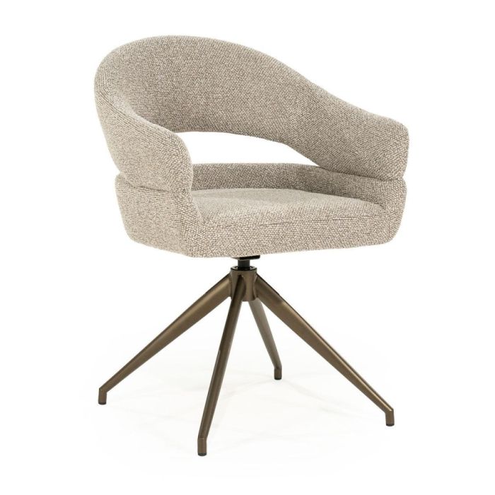 Eleonora eetkamerstoel Hailey in taupe Eira-stof, schuin vooraanzicht met metalen draaivoet in bronskleur.