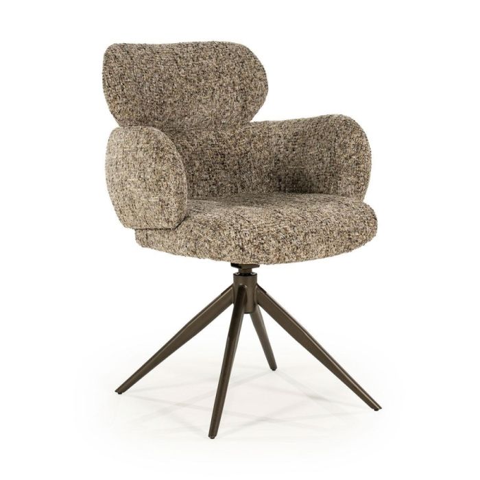 Eleonora eetkamerstoel Darcio taupe met zachte bekleding en metalen draaivoet, driekwartaanzicht.