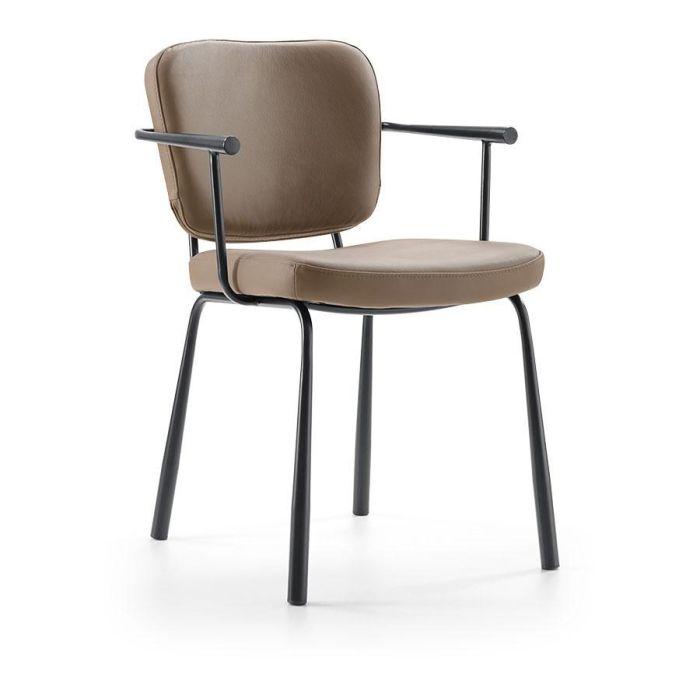 Armstoel Whitfield in kleur Flax met bruine bekleding en zwart metalen frame zijaanzicht