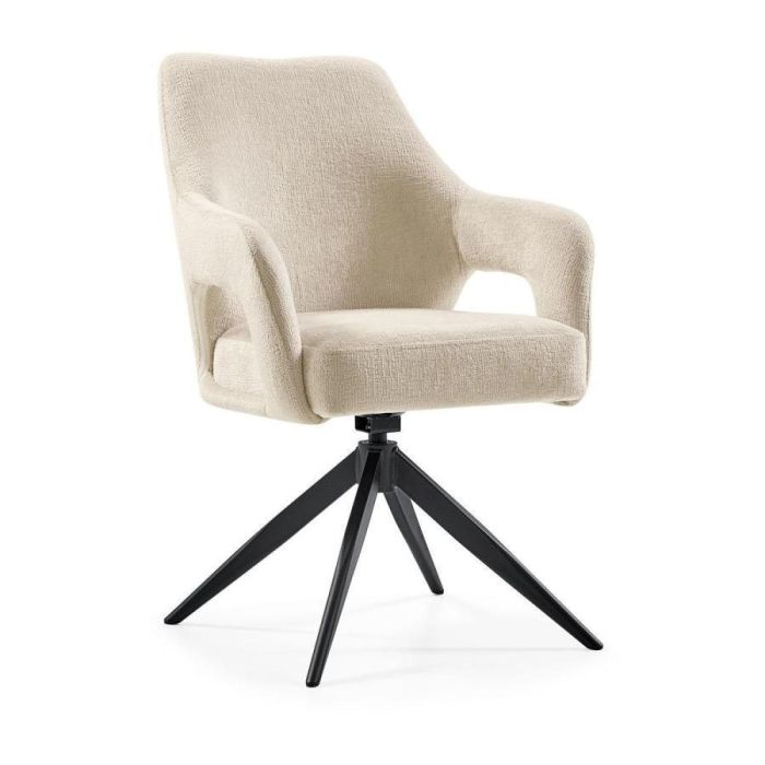 Rosebery armstoel in ivoorwit met open armleuning en zwarte draaivoet, driekwart zijaanzicht op witte achtergrond.