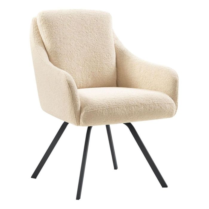 Pronto Wonen eetkamerstoel Meltina draaibaar in beige bouclé met zwarte metalen poten, vooraanzicht.