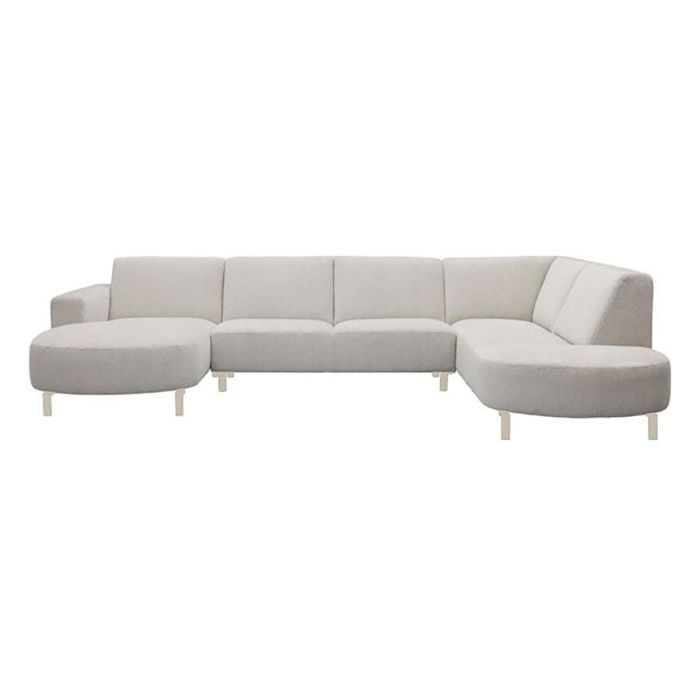 Elementenbank Visby licht beige met ronde poef en hoekopstelling op slanke, lichte poten.