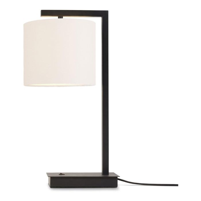 Tafellamp Boston van It's About RoMi met zwarte metalen voet en rechte arm, voorzien van een ronde witte katoenen lampenkap.