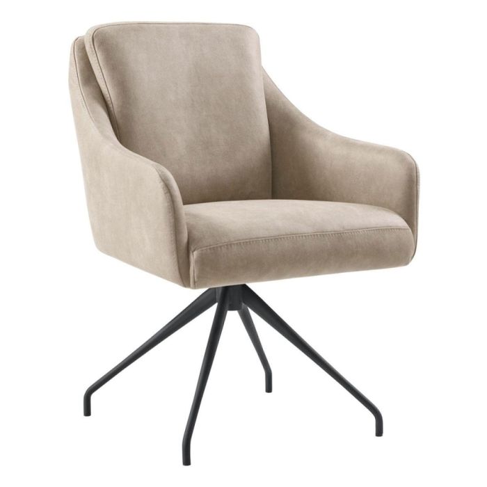 Pronto Wonen eetkamerstoel Meltina draaibaar in beige microleder met zwarte metalen poten, vooraanzicht.