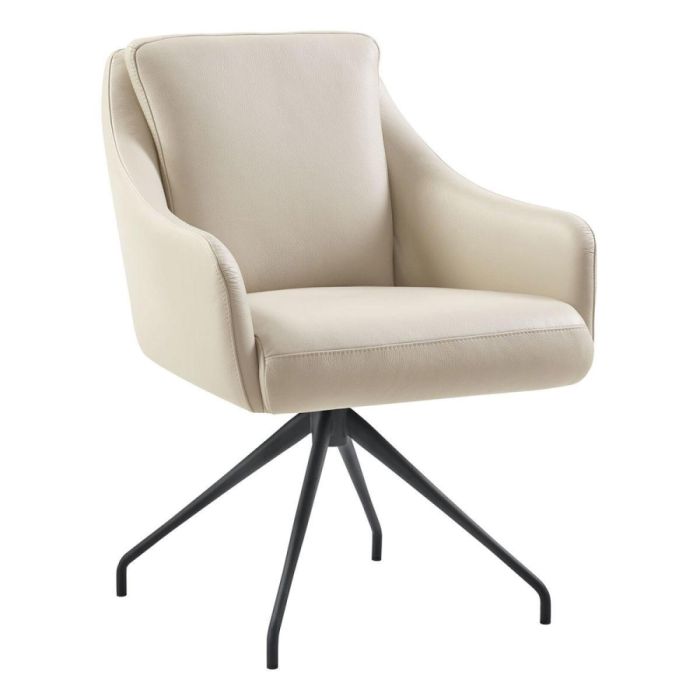 Pronto Wonen eetkamerstoel Meltina draaibaar in lichtgrijs Soleda leder met zwarte metalen poten, vooraanzicht.