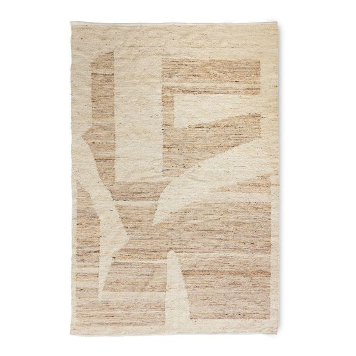 HKLIVING vloerkleed Wol Contour 180x280 cm in beige en bruintinten met subtiel grafisch patroon, bovenaanzicht.