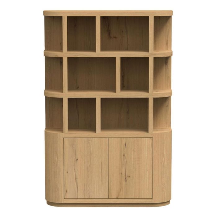 Wandkast Novero 145 cm van eikenhout met open vakken en twee deuren, vooraanzicht