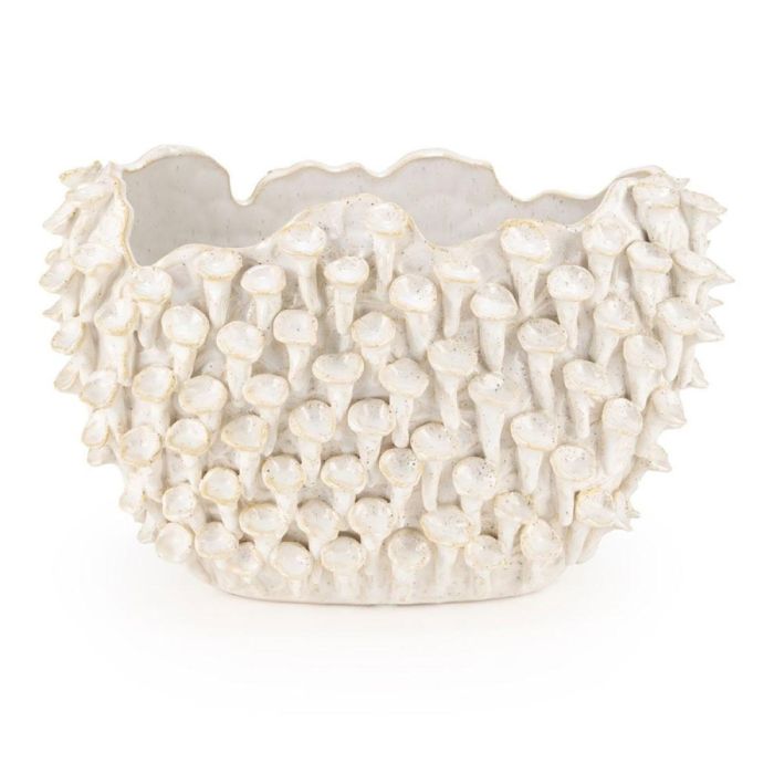 ISAA vaas Baixas wit keramiek 36x16x23,5 cm met opvallende reliëfstructuur van kleine kegelvormige details.