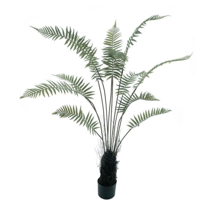 ISAA Varen Boom 150 cm van polyester en metaaldraad met sierlijke, groene bladeren in een zwarte pot tegen een witte achtergrond.