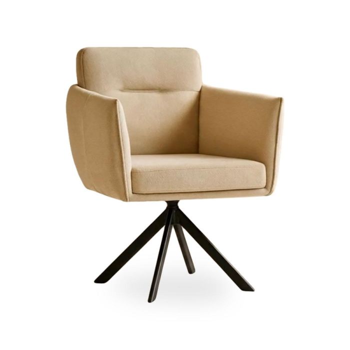 Eetkamerstoel Amsterdam van de Moods Collection in beige stof met zwarte metalen draaipoot, schuin van voren gefotografeerd.