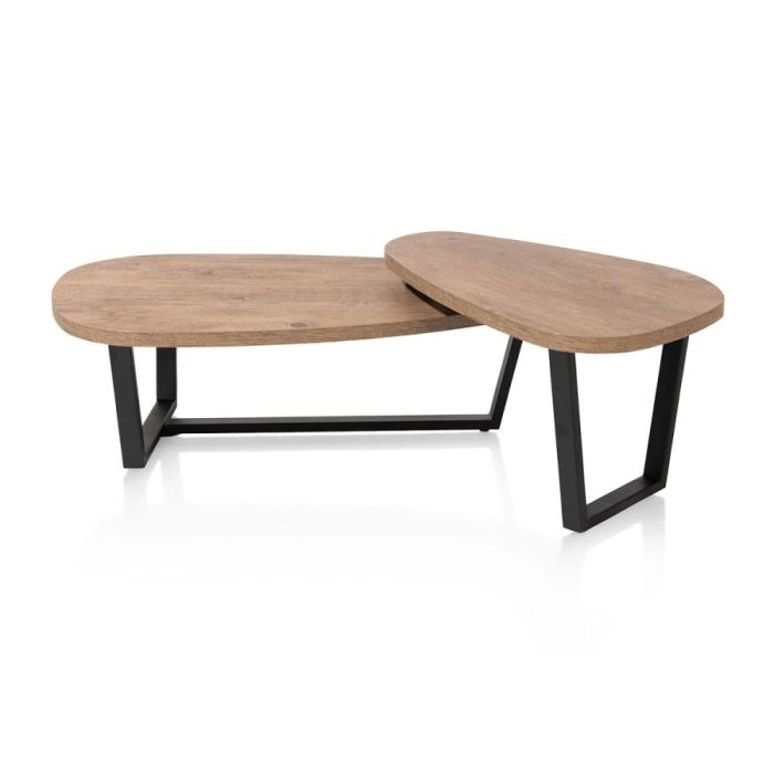 Happy@Home Salontafelset Perth, twee ovale tafels in bruin hout met zwart metalen onderstel, naast elkaar geplaatst.