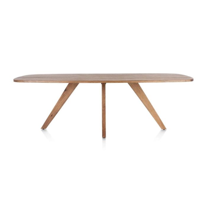 Eettafel Everest 240 van smoked mangofineer met drie houten poten, gefotografeerd tegen witte achtergrond.