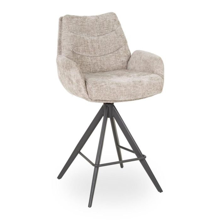 Barstoel Lounge in beige Rich-stof met metalen draaiframe en voetsteun, gefotografeerd tegen witte achtergrond.