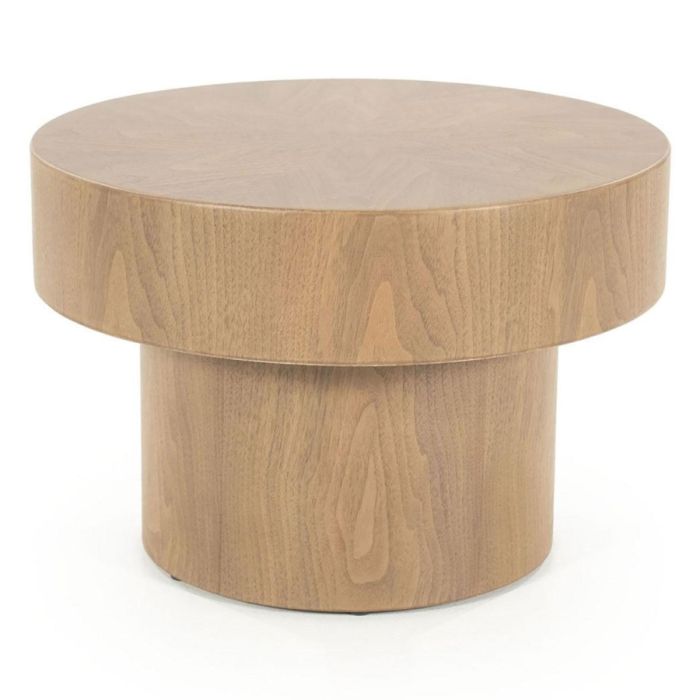 Eleonora bijzettafel Bobbie in lichtbruin hout met ronde vorm en stevige voet, op witte achtergrond.