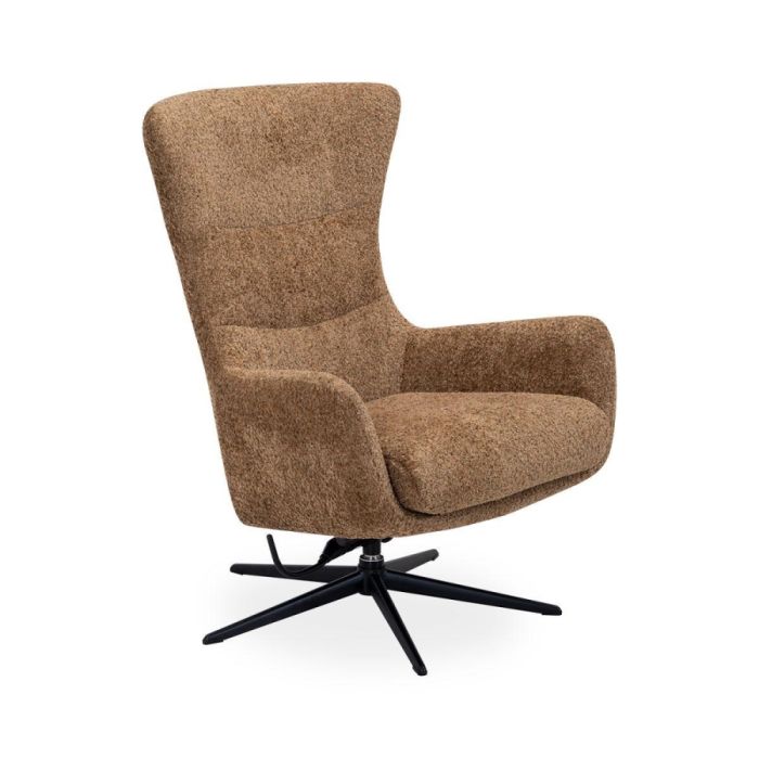 Draaifauteuil Alora in bruin-groene boucléstof met zwart metalen 5-teensvoet zijaanzicht