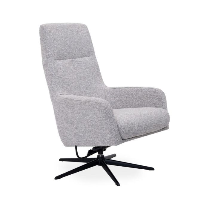 Moderne draaifauteuil Estada in beige-grijze stof met zwart metalen 5-teensvoet zijaanzicht