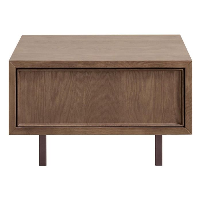 Salontafel Calvo bruin 64x64 cm, voorkant met ladefront en donkere metalen poten