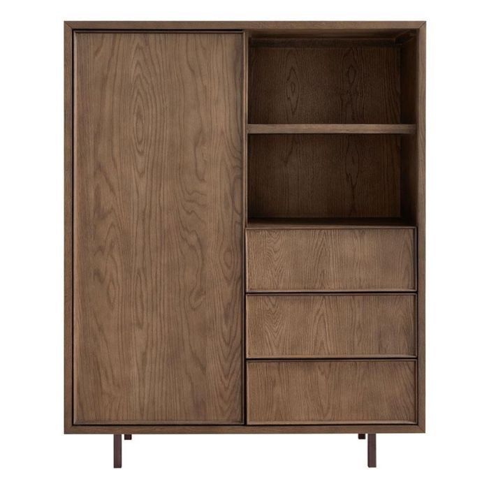 Bruine opbergkast Calvo met deur links, open vak rechts en drie laden, op metalen poten