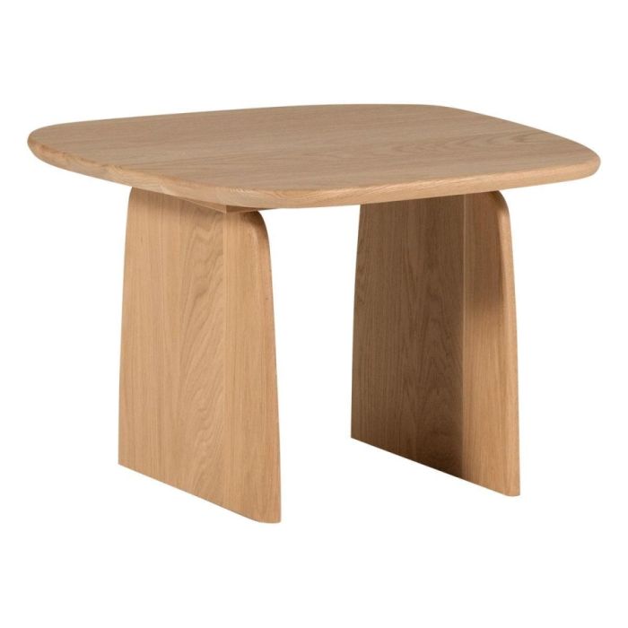 WOOOD salontafel Tablo van transparant gelakt eikenhout met afgeronde vormen, weergegeven op witte achtergrond.