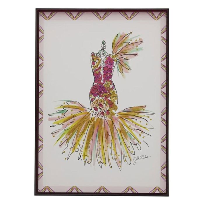 Kunstwerk Trendhopper Fashion Art Dress 50x70 cm by Jill met kleurrijke jurk in roze, geel en groen tinten op witte achtergrond.