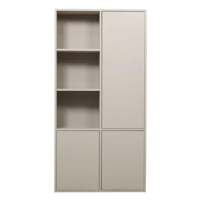 WOOOD Meggy opbergkast rechts in kleur Dust met open vakken en dichte deuren op witte achtergrond.