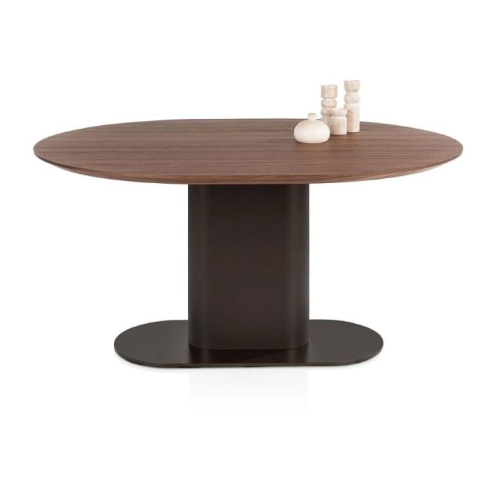 Ovale eetkamertafel Brianza met walnootfineer blad en metalen kolompoot in steelbrown.