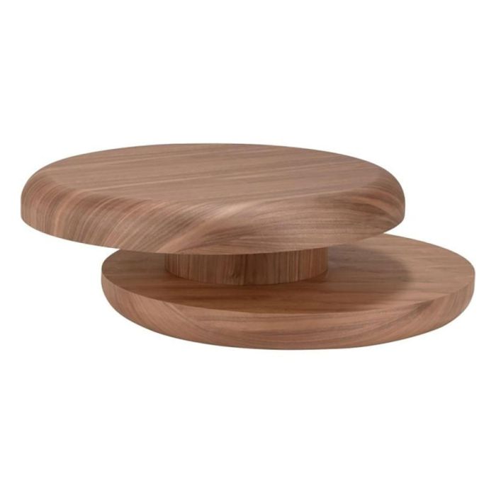 Trendhopper salontafel Sakana in walnoot met twee ronde lagen en draaibaar bovenblad.