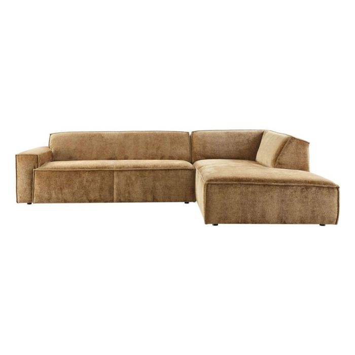 Baricci hoekbank met chaise longue rechts in teddy-achtige bruine stof, zijaanzicht op witte achtergrond.