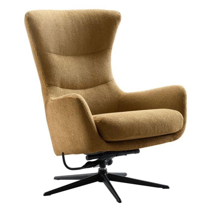Tronto draaifauteuil in warm bruin chenille met hoge rug, gebogen armleuningen en zwarte metalen 5-teens draaivoet schuin van voren