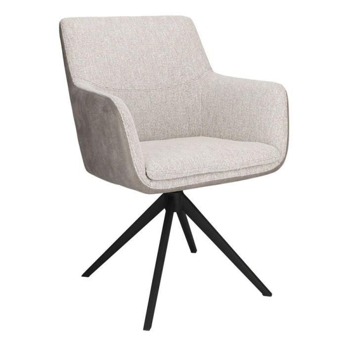 INHOUSE eetkamerstoel Vigios Beige Bruin met duo-stoffering van beige stof en bruin microleer, schuin van voren gezien.