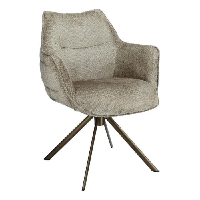 INHOUSE eetkamerstoel Miosa Clay met warme bekleding en bronskleurig draaionderstel, schuin van voren gezien.