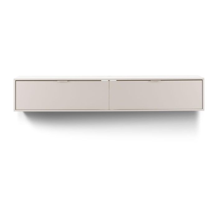 Zwevend TV-meubel Betera in licht beige lak, frontaal gefotografeerd tegen een witte achtergrond met strakke lijnen en twee kleppen.