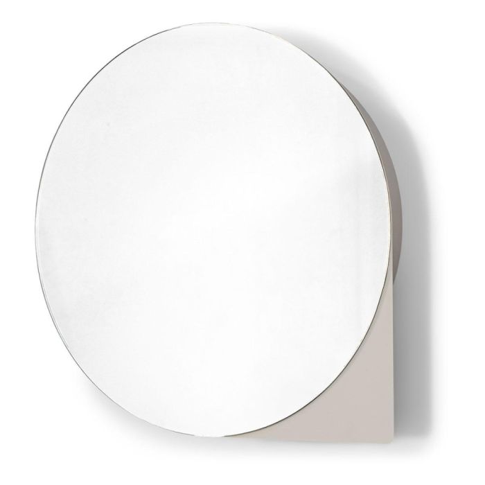 Frontaanzicht van Spinder Design x BUDDE Sonnet L spiegelkast in Silky Taupe met ronde spiegel en taupekleurige achterplaat.