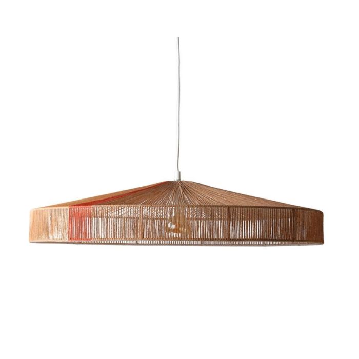Hanglamp van papertouw in naturel met terra-streep, handgemaakt en Ø70 cm, zijaanzicht.