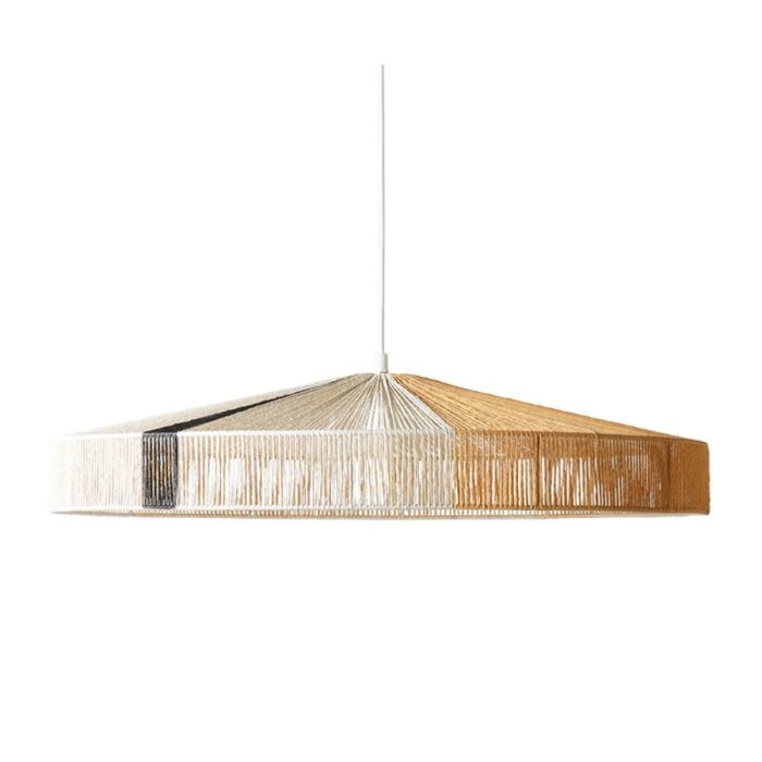 Hanglamp van papertouw in naturel en wit met zwart accent, handgemaakt en rond design Ø70 cm, zijaanzicht.