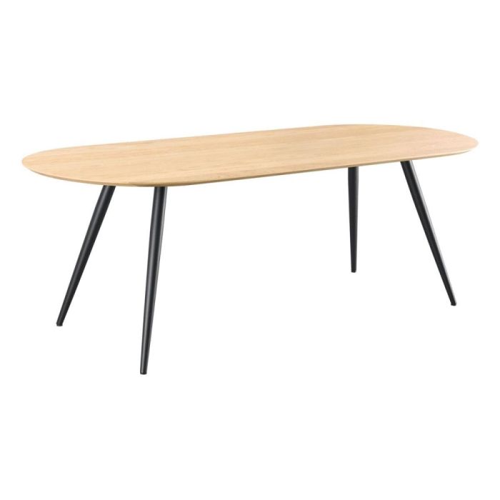 Ovale eettafel Tabiro 220x90 cm in naturel eiken met zwarte metalen poten, schuin van voren.