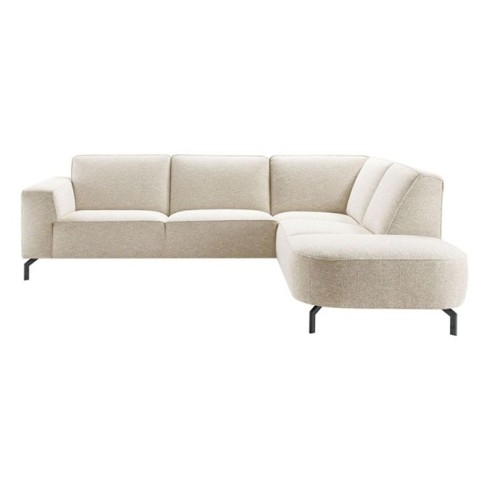 Productfoto van INHOUSE Virgio hoekbank rechts in beige, met ronde hoek en groot eiland rechts, bekleed in gemêleerde stof en op zwarte metalen poten.