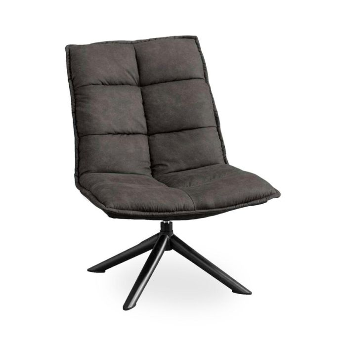 Draaifauteuil Calpe in antracietkleurige Preston 96-stof met biesafwerking en zwarte 4-teensvoet, vooraanzicht op witte achtergrond.