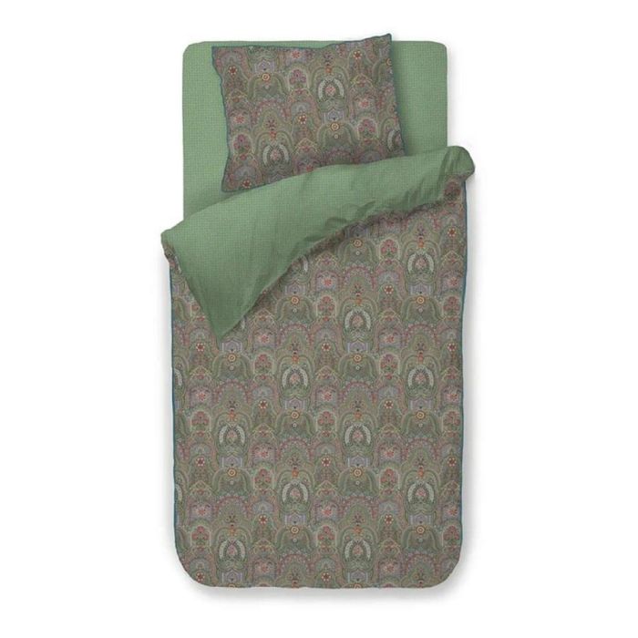Little Jabali dekbedovertrek green – eenpersoons set met sierlijk bloemen- en boogjespatroon