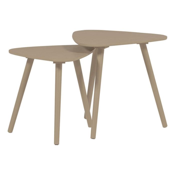 Set van twee WOOOD Nila bijzettafels in zandkleur, organische bladen die deels onder elkaar geschoven staan op drie slanke poten.