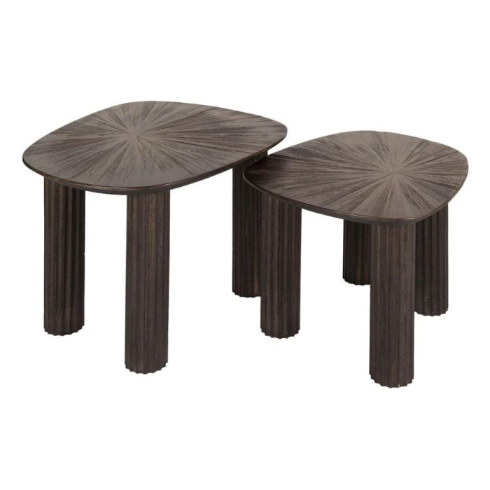 Salontafelset Maya van 2 in donkerbruin teak met twee vierhoekige bladen en golvende poten, naast elkaar op witte achtergrond.