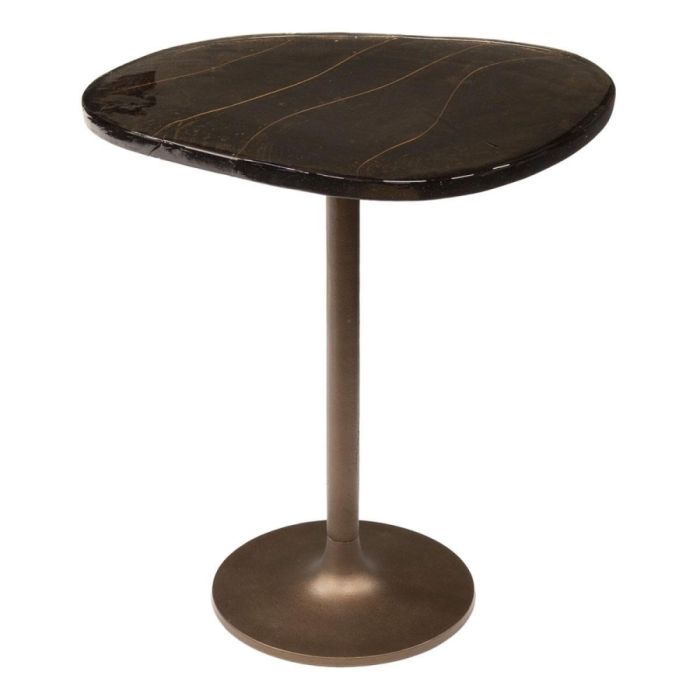 Bijzettafel Eclipse Koper M vrijstaand op witte achtergrond met organisch donker glazen blad en koperkleurige metalen voet.