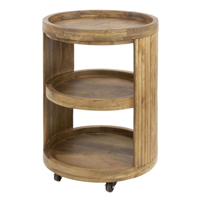 Wijntrolley Wave van massief mangohout in zandkleur, met drie ronde plateaus en verticale golfstructuur, vrijstaand op witte achtergrond.