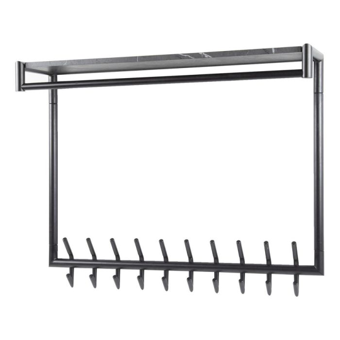 Grafietkleurige wandkapstok Tenaro met metalen frame, donkergrijze hoedenplank, roede en rij dubbele haken, vrijstaand op witte achtergrond.